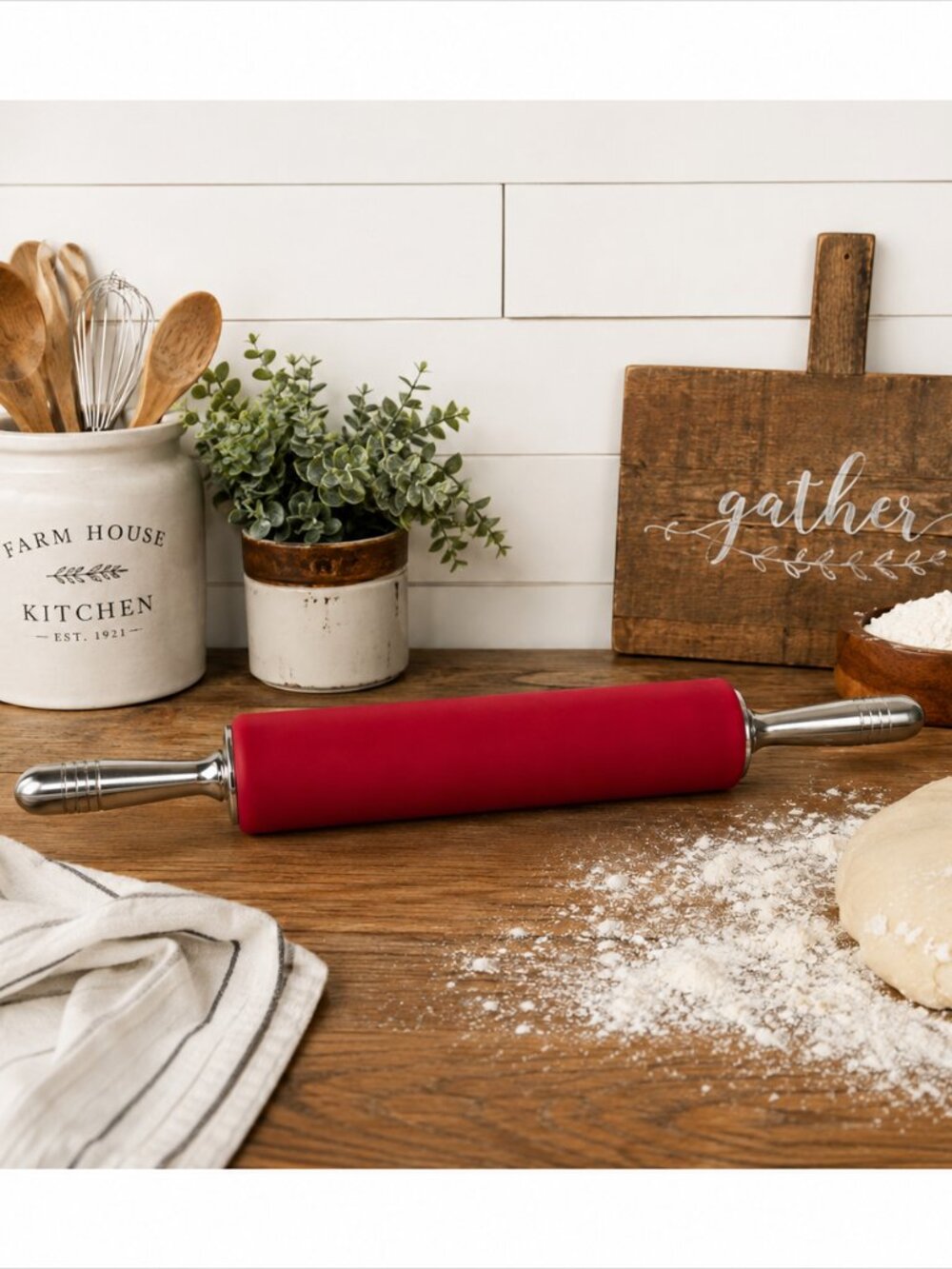 Heavy Duty Red Silicone Rolling Pin Stainless Steel Handles Baking Kitchen Tool